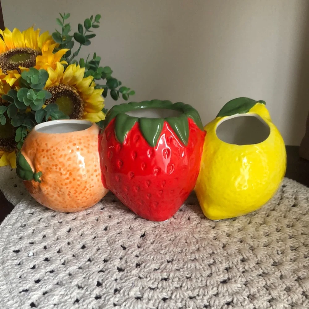 Fruit-Themed Ceramic Planter Pots Set - Orange, Red, Yellow